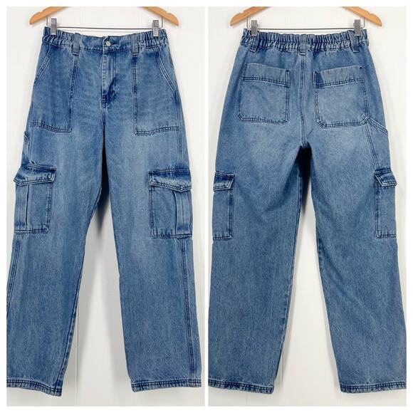 Blank NYC Cargo Jean Straight Leg High Waisted Baggy Loose Fit Size Medium Blue - Picture 16 of 16